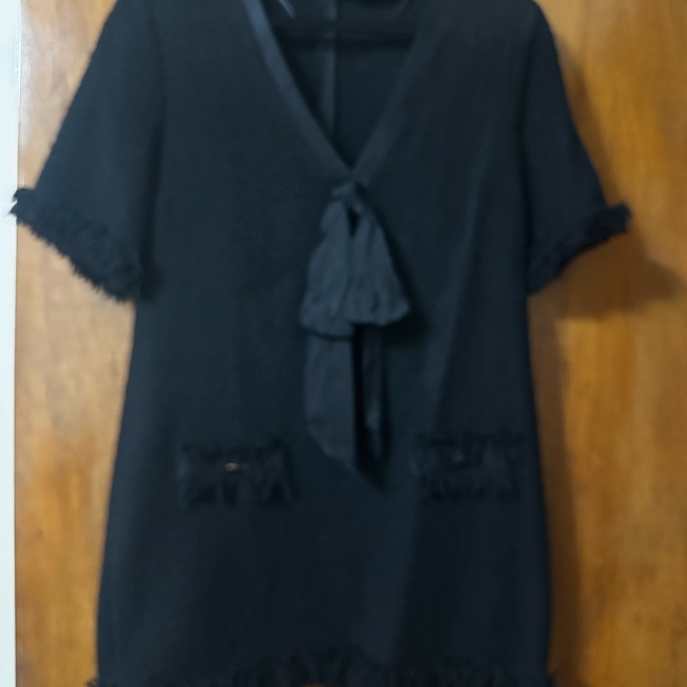 Zara Black Textured Channel inspired Dress with Bow Accent